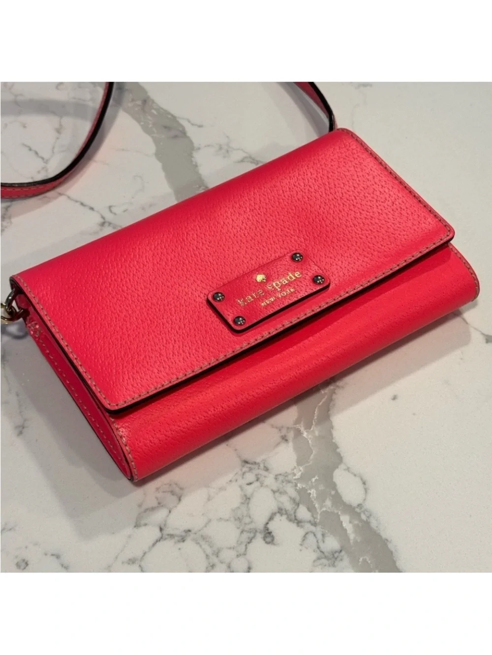 Kate Spade Wellesley Crossbody Wallet On Chain Red Coral Pebbled Leather - GUC